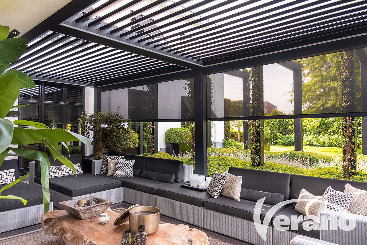 V870 Arezzo lamellendak op maat gemaakt - terrasoverkapping met lamellen - extra schaduw - op maat gemaakt - met verlichting